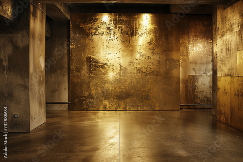 Golden hall, abandoned room with gold walls and columns photo