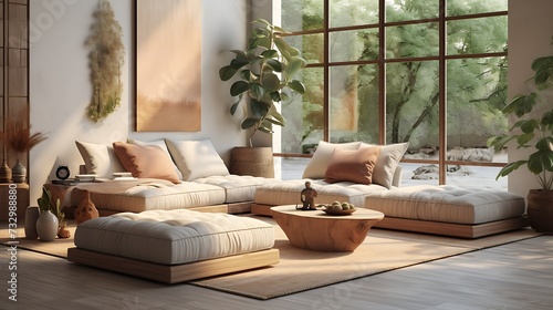 A contemporary lounge area with a daybed and floor cushions for relaxed seating