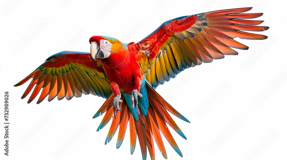Fototapeta premium Bright colorful macaw parrot flaps its wings on an isolated background