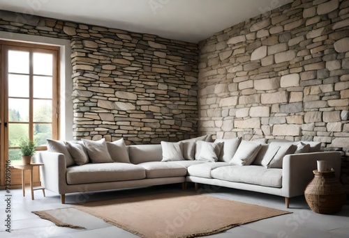Corner sofa against stone cladding walls, Farmhouse style empty room