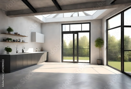 Modern contemporary loft empty room with open door to garden