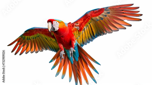 Bright colorful macaw parrot flaps its wings on an isolated background © Taisiia