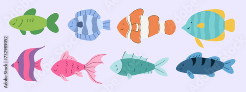 Fishes illustrations. Set of colorful fish illustration. Cute colorful fish illustrations. Cartoon fishes design elements. Tropical fishes illustrations.