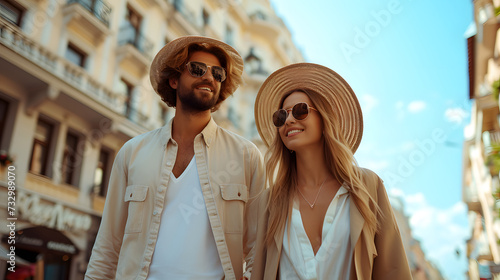 A man and woman wearing sunglasses and coats are walking and shopping down an European street.