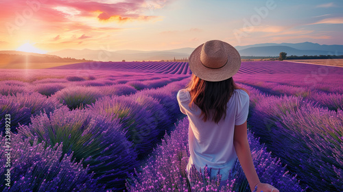 Beautiful girl admiring a lavender field