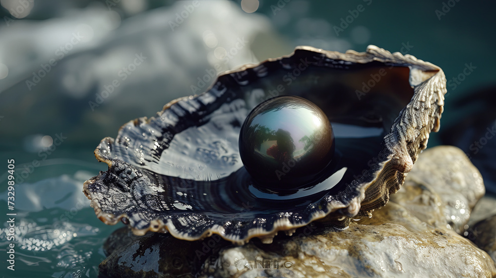 Black pearl in a beautiful shell on the ocean shore on a gray background Black pearl in a beautiful shell on the ocean shore on a gray background