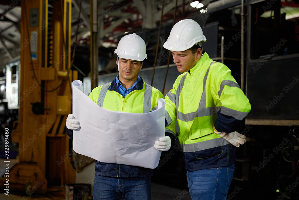 engineers or workers holding and reading blueprint paper at a train construction site engineers or workers holding and reading blueprint paper at a train construction site