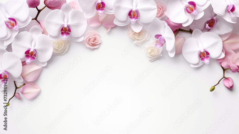 Frame of orchid flowers on a white background. An invitation or a postcard for a holiday. Frame of orchid flowers on a white background. An invitation or a postcard for a holiday.
