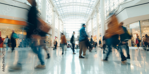 blurred people walking in busy shopping mall, time-lapse shot photo
