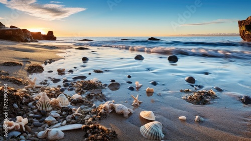 A beautiful beach with shells and rocks on the sand. Generative AI. © serg3d