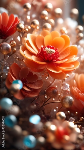 The image depicts a vase filled with orange flowers with green stems and leaves. The flowers have a digital, almost plastic appearance. The background is a gradient of blue and orange. © OlScher