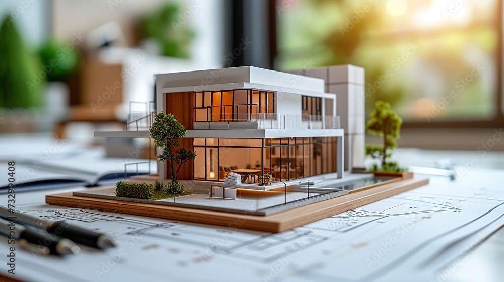 Detailed architectural model of a modern house with miniature trees, displayed on a desk with blueprints and design tools. Detailed architectural model of a modern house with miniature trees, displayed on a desk with blueprints and design tools.