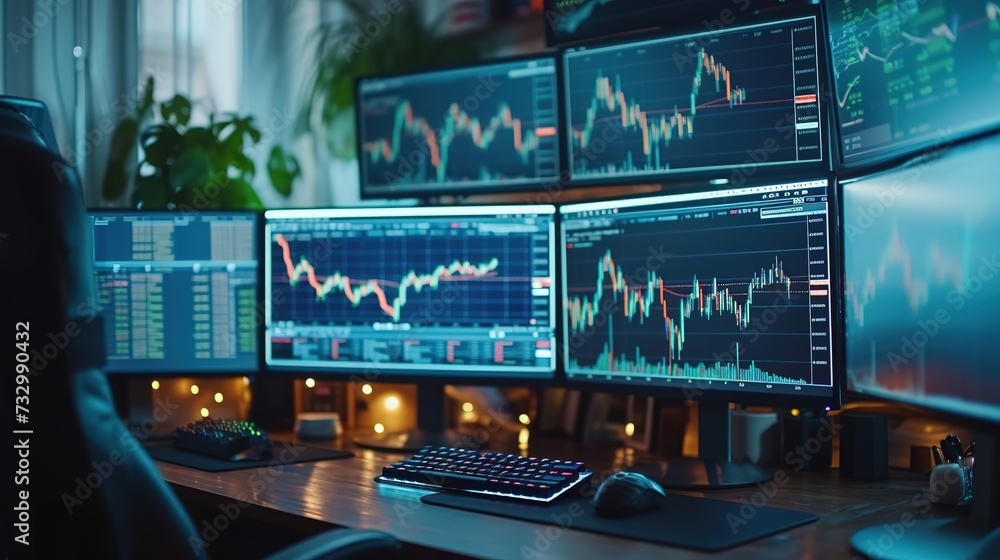 Professional trading station with a desk featuring multiple monitors displaying live trading charts and financial analysis data. Professional trading station with a desk featuring multiple monitors displaying live trading charts and financial analysis data.