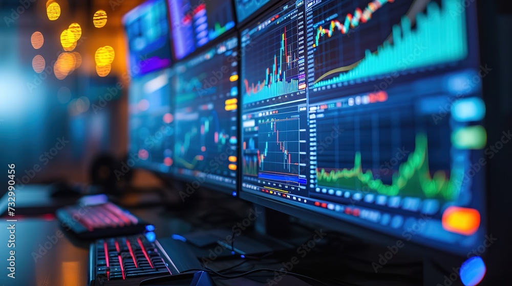 Close-up of a sophisticated financial trading setup with high-resolution monitors displaying dynamic market charts and graphs.