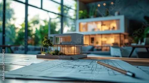 Architectural model of a modern residential house with intricate details placed on a workspace with blueprints and natural backlight.