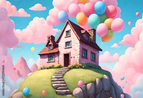 A house sits on a hilltop, colorful balloons tethered to it reach for the sky.