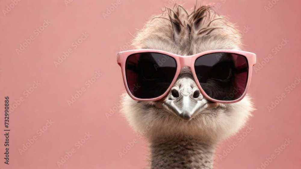 Ostrich stylish wearing sunglasses poses against a vibrant pink background. Creative animal concept banner
