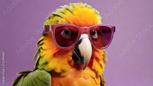 Parrot stylish wearing sunglasses poses against a vibrant purple background. Creative animal concept banner