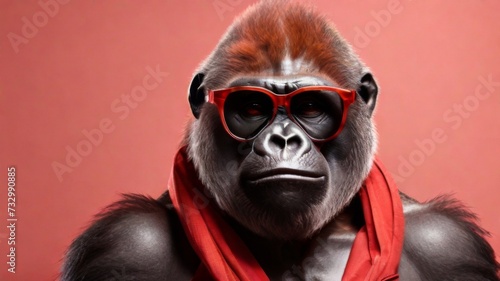 Gorilla  stylish wearing sunglasses poses against a vibrant background. Creative animal concept banner photo