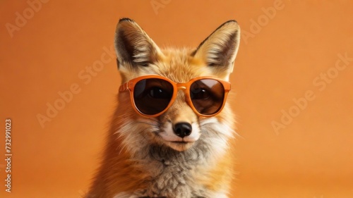 Fox stylish wearing sunglasses poses against a vibrant orange background. Creative animal concept banner