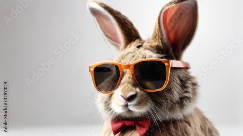 Rabbit stylish wearing sunglasses poses against a vibrant white background. Creative animal concept banner
