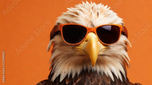 Eagle stylish wearing sunglasses poses against a vibrant orange background. Creative animal concept banner