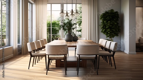 A contemporary dining room with a large table surrounded by modern chairs