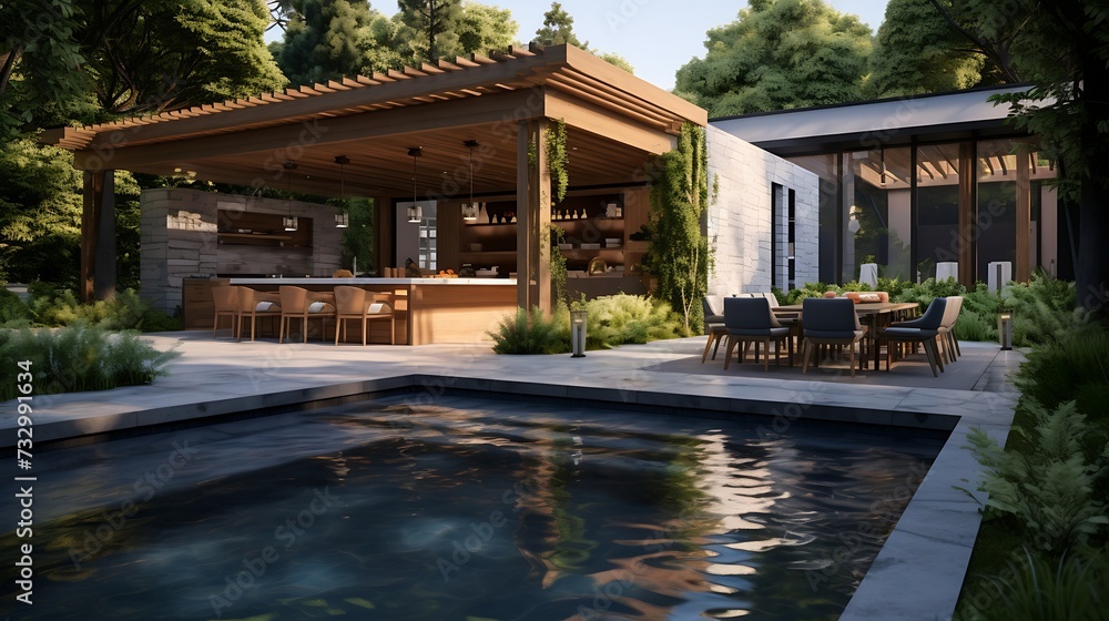 A contemporary backyard oasis with a pool, outdoor kitchen, and dining space