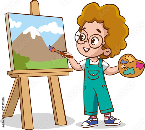 Cute artist little kids painting on canvas vector illustration