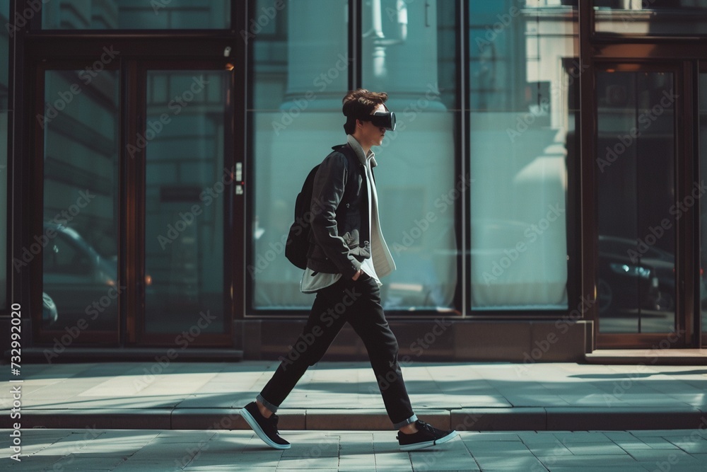 Obraz premium Young guy in virtual reality glasses walking on street