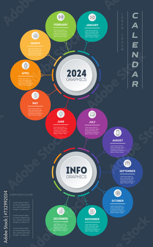 Business Infographic concept with 12 months, steps or technology processes. Time line with Twelve icons. Calendar template. Transformation plan for the year. Vertical Timeline with 12 steps.