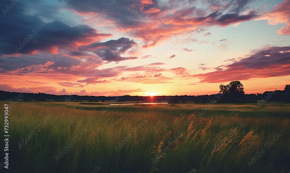 Ai-generated illustration of a breathtaking view of a sunset over a vast field of lush grass