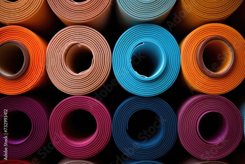 Yoga Mats: Close-ups of neatly rolled yoga mats.