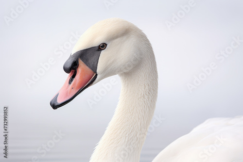 Elegant white swan portrait on serene background. Wildlife and nature.