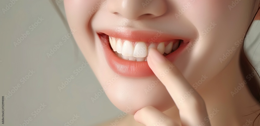 Obraz premium Close up of mouth of happy woman touching the corners of her mouth, Woman smiling while touching her flawless glowy skin with copy space for your advertisement, skincare.