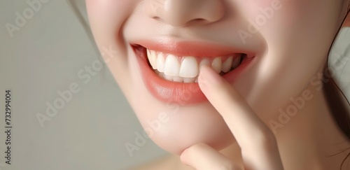 Close up of mouth of happy woman touching the corners of her mouth  Woman smiling while touching her flawless glowy skin with copy space for your advertisement  skincare.