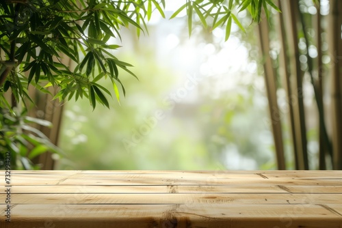 Empty wooden table over blurred bamboo background. mock up for design and product display.