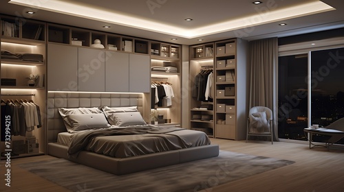 A bedroom with overhead storage concealed within a drop-down ceiling design © Wardx