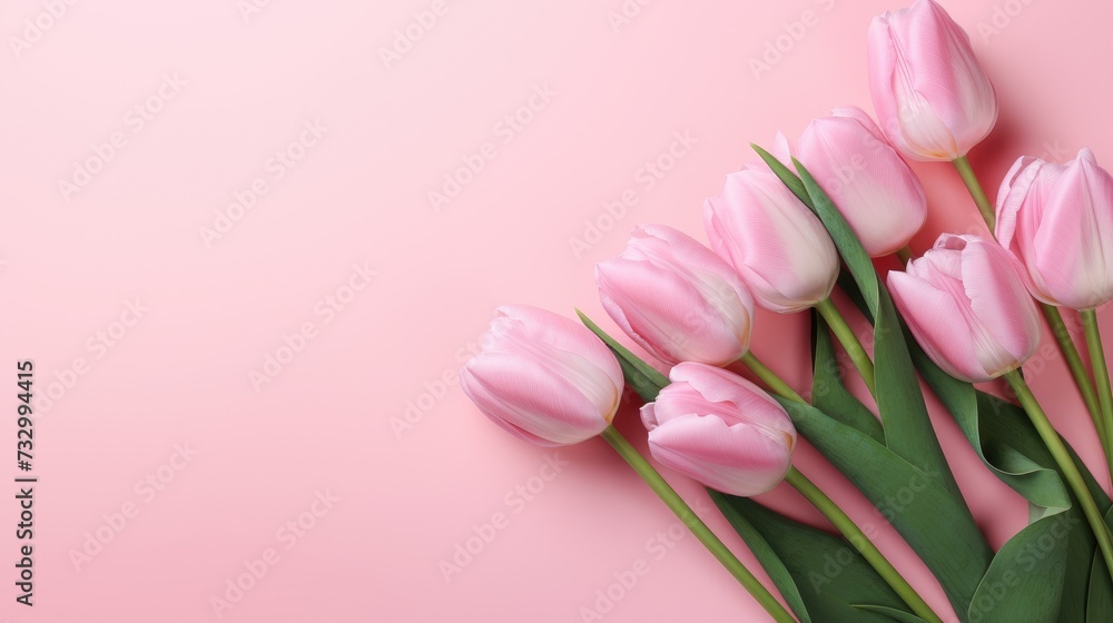 Pink tulips with fresh green leaves on a pink background. Beautiful background for a holiday, valentine's day, women's day. An empty space for the text. Pink tulips with fresh green leaves on a pink background. Beautiful background for a holiday, valentine's day, women's day. An empty space for the text.