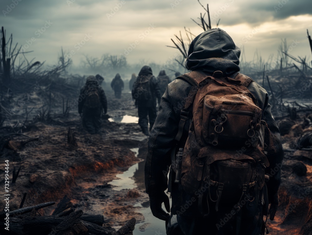 Post-apocalyptic warrior outdoors. Nuclear post-apocalypse time. Life after doomsday concept. Post-apocalyptic warrior outdoors. Nuclear post-apocalypse time. Life after doomsday concept.
