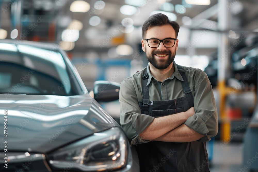 A cheerful Caucasian male mechanic with a beard, wearing glasses and overalls, confidently stands with crossed arms in front of a car in a well-equipped automotive repair shop A cheerful Caucasian male mechanic with a beard, wearing glasses and overalls, confidently stands with crossed arms in front of a car in a well-equipped automotive repair shop