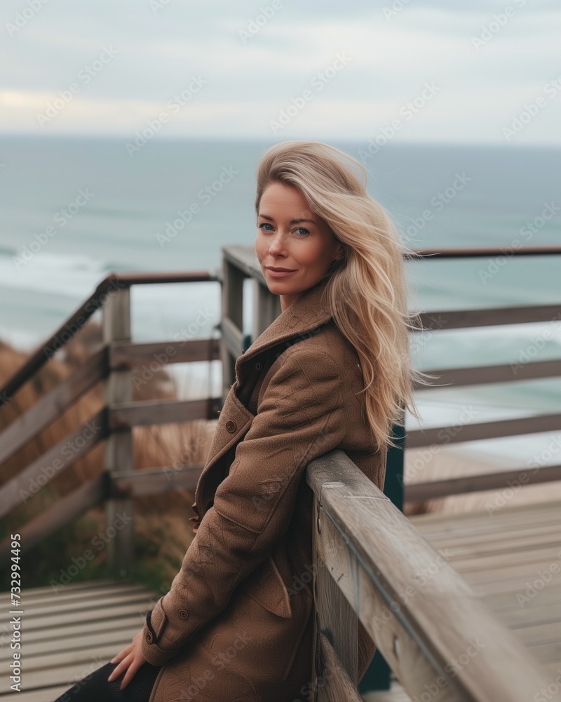 A poised Caucasian woman with flowing blonde hair, wearing a stylish brown coat, relaxes on a wooden seaside railing, embodying the casual grace of coastal autumn fashion