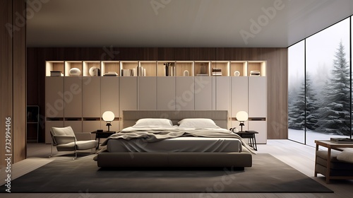 A bedroom with hidden storage and a plush  upholstered wall for added comfort and luxury