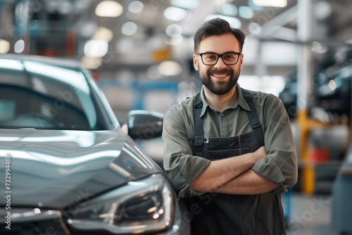 A cheerful Caucasian male mechanic with a beard, wearing glasses and overalls, confidently stands with crossed arms in front of a car in a well-equipped automotive repair shop © Oleg Kozlovskiy