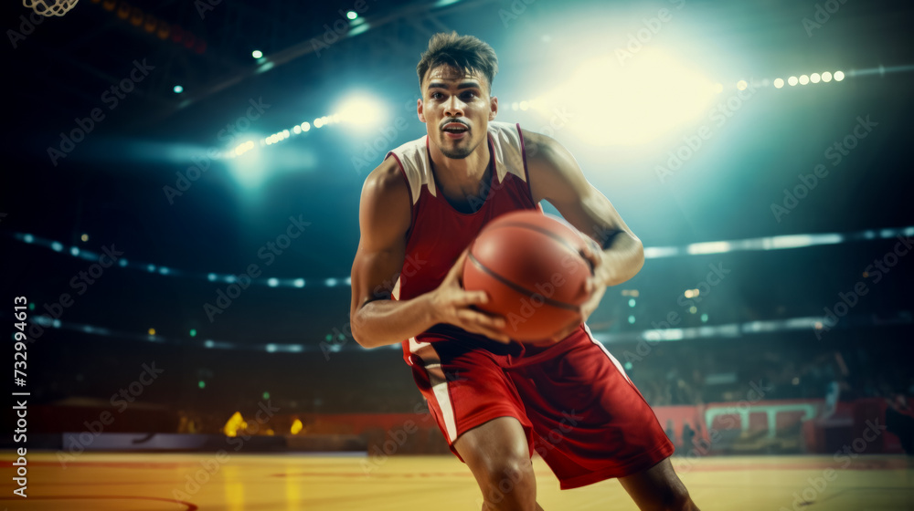 League championship, portrait of a team basketball player dribbling the ball during the game, professional basketball arena, bright spotlights on the field, advertising shooting
