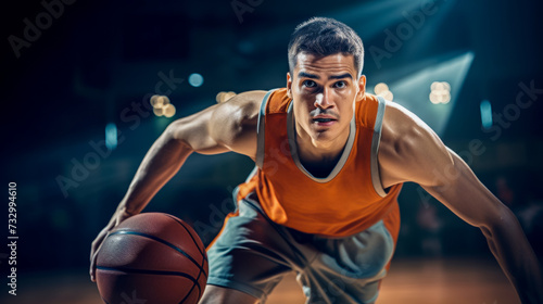 Portrait of a university basketball player dribbling the ball during a game, professional basketball arena, bright spotlights on the field, advertising shooting