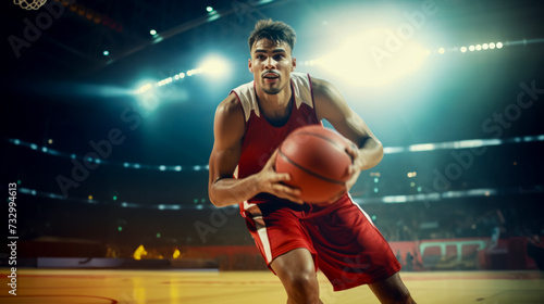 League championship, portrait of a team basketball player dribbling the ball during the game, professional basketball arena, bright spotlights on the field, advertising shooting © Ed