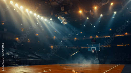 Empty basketball arena under floodlights, preparation for competition, copy space for concept