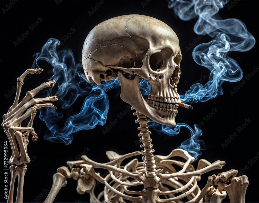 Skeleton smoke a Cigarette, symbolizes the Damage from Smoking Skeleton smoke a Cigarette, symbolizes the Damage from Smoking