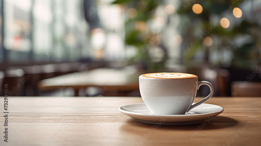 Blurred modern background, a cup of coffee on a wooden tabletop. GenerativeAI